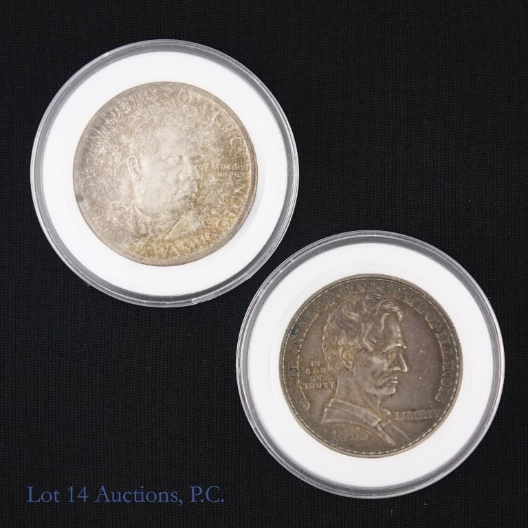 1918 & 1946s US 90%-Silver Comm. 50c, 2: Two (2) United States silver commemorative half dollars (Philadelphia, San Francisco Mints). Metal is 90% silver (ASW 0.36169 ozt each). Details as follows: ---1918 (P) silver Illinois centennial 50c 