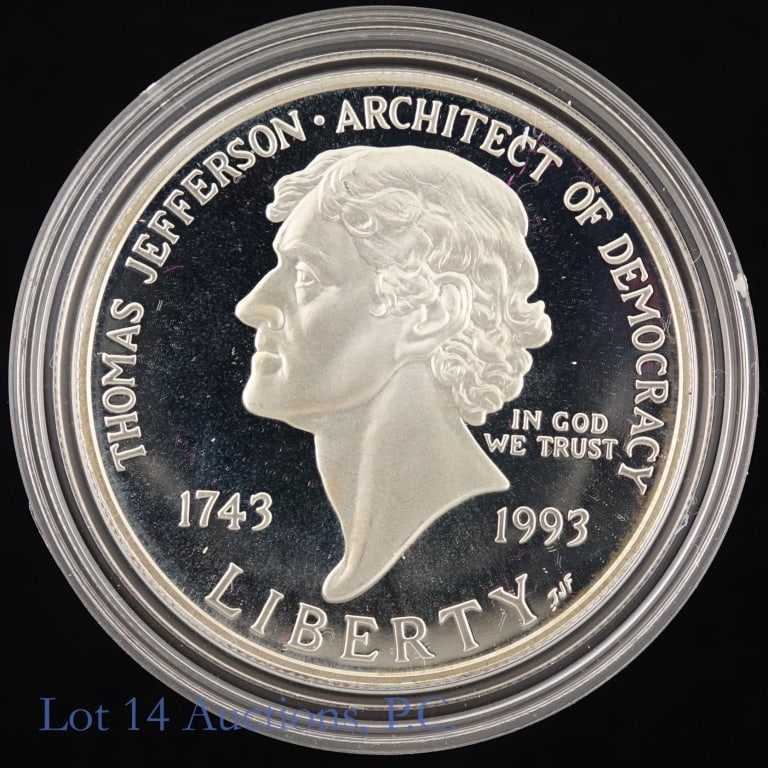 1993-S US Silver Proof Thomas Jefferson $1 in OGP: 1993-S United States silver proof Thomas Jefferson 250th anniversary dollar (San Francisco Mint) in OGP with COA. Per consigner, in gem proof condition. Metal is 90% silver (ASW 0.7734 ozt.). *** Lot 