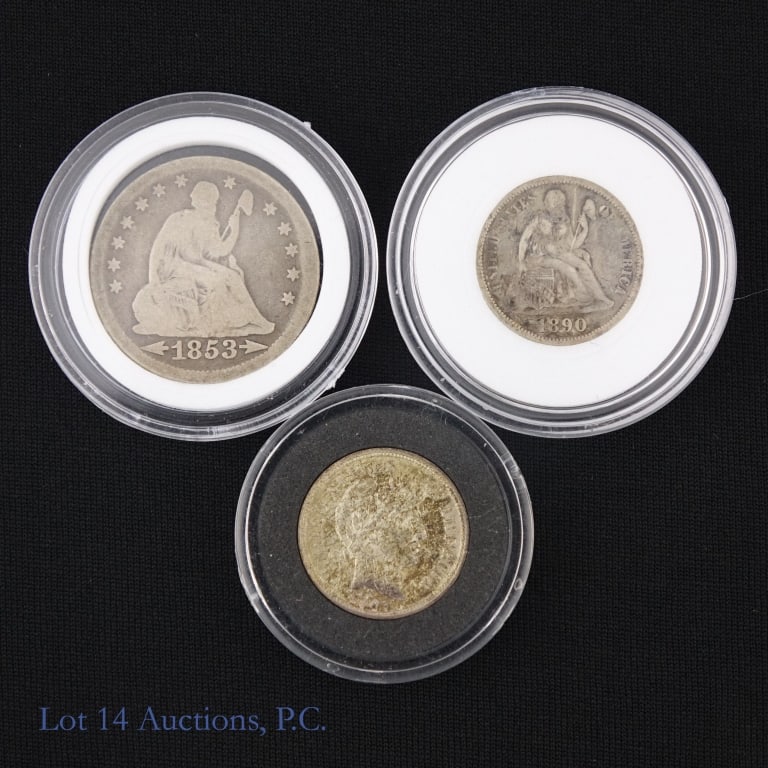 1853 - 1907 US 90%-Silver Coins, 3: Three (3) United States 90%-silver coins (Philadelphia Mint) as follows: ---1853 seated liberty quarter; ---1890 seated liberty dime; and ---1907 Barber dime. ***Lot 14 Auctions is not a professional 