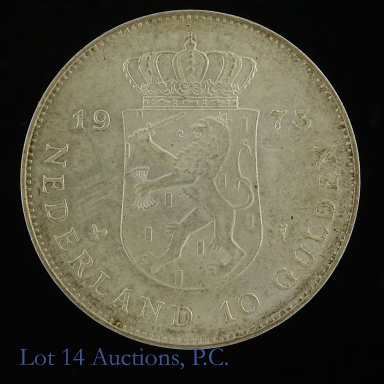 1973 Netherlands Silver 10 Gulden: 1973 Netherlands 72%-silver commemorative 10 gulden (Koninklijke Nederlandse Munt, Utrecht, Netherlands). Commemorates 25th anniversary of Queen Juliana's reign. Edge is in scripted ? GOD ? ZIJ ? MET 