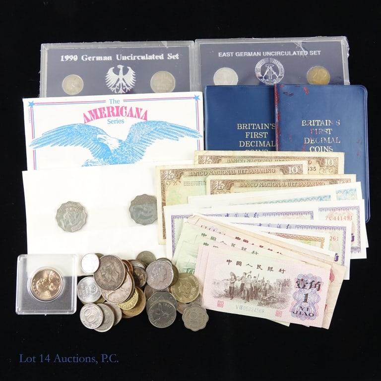 Various US & World Coins & Sets: Various United states and world coins as follows: ---The Americana Series - the Presidents 5-coin set (with 1965 40%-silver Kennedy 50c); ---1968 British first decimal 5-coin set (2); ---1989-90 East 