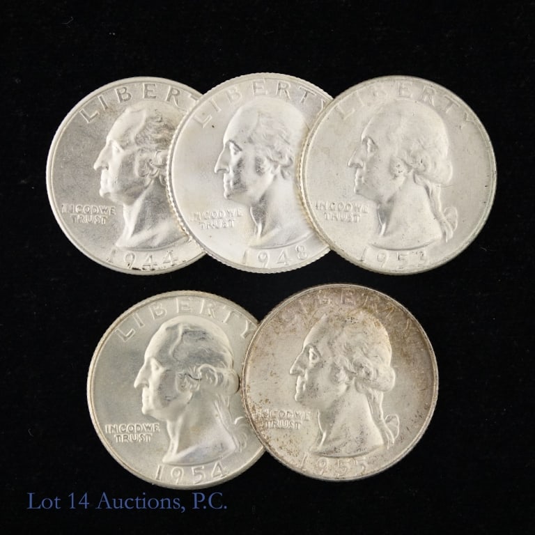 1944 - 1955 US Silver Washington 25c (*BU+), 5: Five (5) United States silver Washington quarters (Philadelphia, Denver, San Francisco Mints) with *consigner condition information as follows: ---1944 (P); ---1948-S (CH BU); ---1953-D (CH BU); ---19