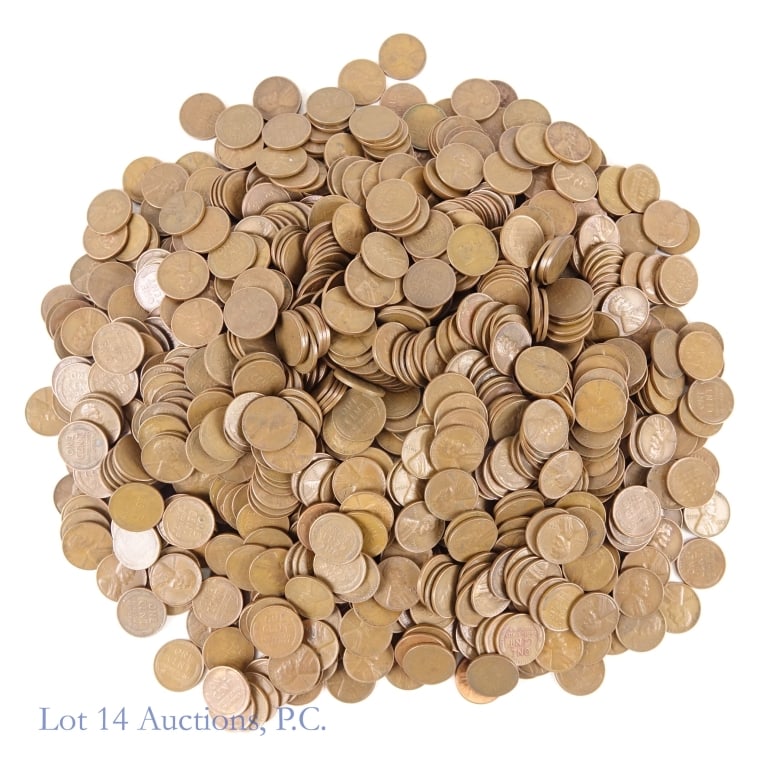 US Lincoln Wheat Cents (Approx. 1,040): Approximately 1,040 United States Lincoln wheat cents. Per consigner, coins range from G - AU, are unsearched for varieties, and virtually all of the culls have been removed. *** Lot 14 Auctions is no