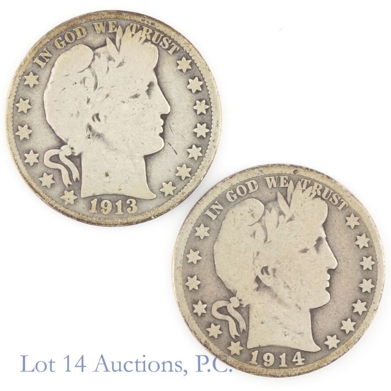 1913d & 1914s US Silver Barber 50c (SE R-4.2), 2: Two (2) United States 90%-silver Barber half dollars (Denver, San Francisco Mints) mintage and PCGS survival estimates (SE) as follows: ---1913-D full rims G+, mintage 534,000 with SE of 4,000 (R-4.2)