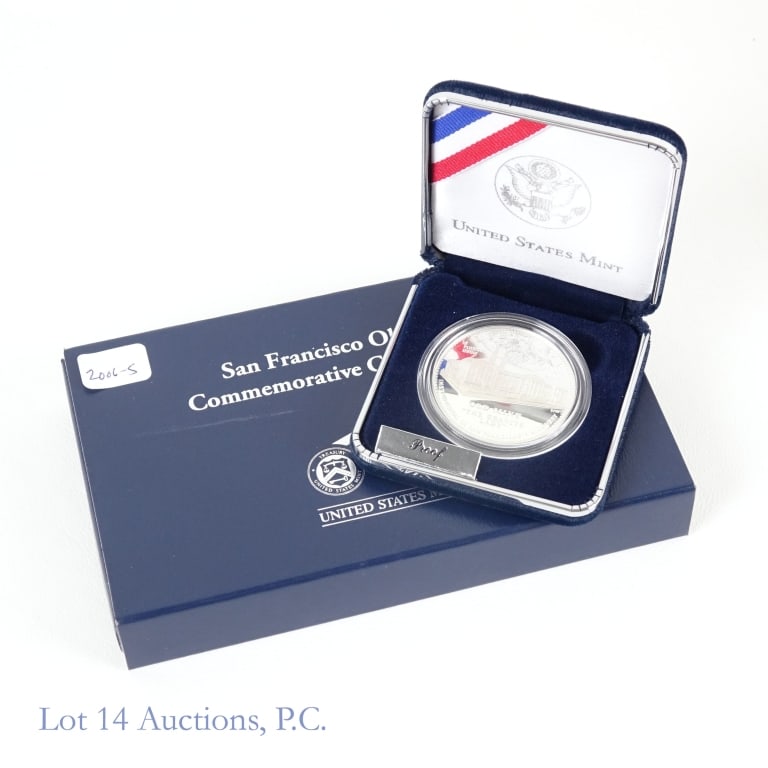 2006-S US Silver Proof Old Mint Com $1 in OGP: 2006-S United States silver proof San Francisco Old Mint commemorative dollar (San Francisco Mint) in OGP with COA. Metal is 90% silver (ASW 0.7734 ozt.). Mintage 500,000. *** Lot 14 Auctions is not a