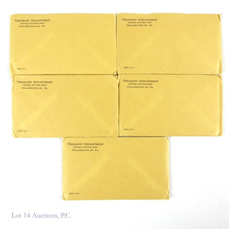 1963 (P) US 5-Coin Proof Set MOST SEALED OGP, 5: Five (5) United States 1963 (P) silver 5-coin proof set (Philadelphia Mint). four in originally sealed OGP, unopened after 62 years and one set opened. Half dollar, quarter and dime metal is 90% silve