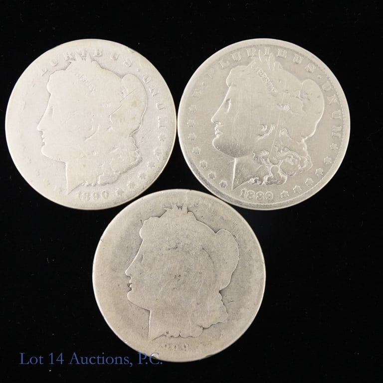 1889o, '90o & '99o Silver Morgan $1 ASW 2.2 Oz, 3: Three (3) United States 90%-silver Morgan dollars (New Orleans Mint) as follows: ---1889-o, ---1890-o, and ---1899-o. Silver content confirmed on Lot 14 Auctions electronic metal verifier and weighs 7