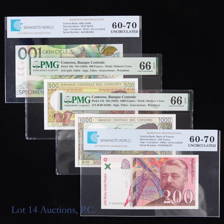 1984 - 2010 Various Graded World Notes (CU), 4: Four (4) authenticated and graded world bank notes as follows: ---n/d (1984) Comoros 1000 francs (PMG GEM UNC 66); ---n/d (1994) Comoros 500 franks (PMG GEM Unc 66); ---1996 France 200 francs (Banknot