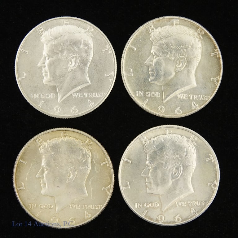 1964 US 90%-Silver Kennedy 50c (ASW 1.4 Ozt), 4: Four (4) 1964 (P) United States 90%-silver Kennedy half dollars (Philadelphia Mint). Estimated ASW 1.4 troy ounces. *** Lot 14 Auctions is not a professional numismatic grading agency. Consigner descr
