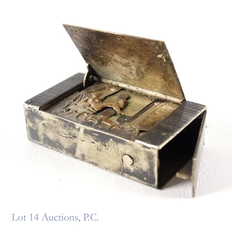 Antique Adult Risque XXX Matchbox Automaton *: Antique matchbox size automaton with hidden risque adult themed XXX scene. Top and right side of the box open to reveal the scene, when the button on the front is pressed. * Automaton appears to be