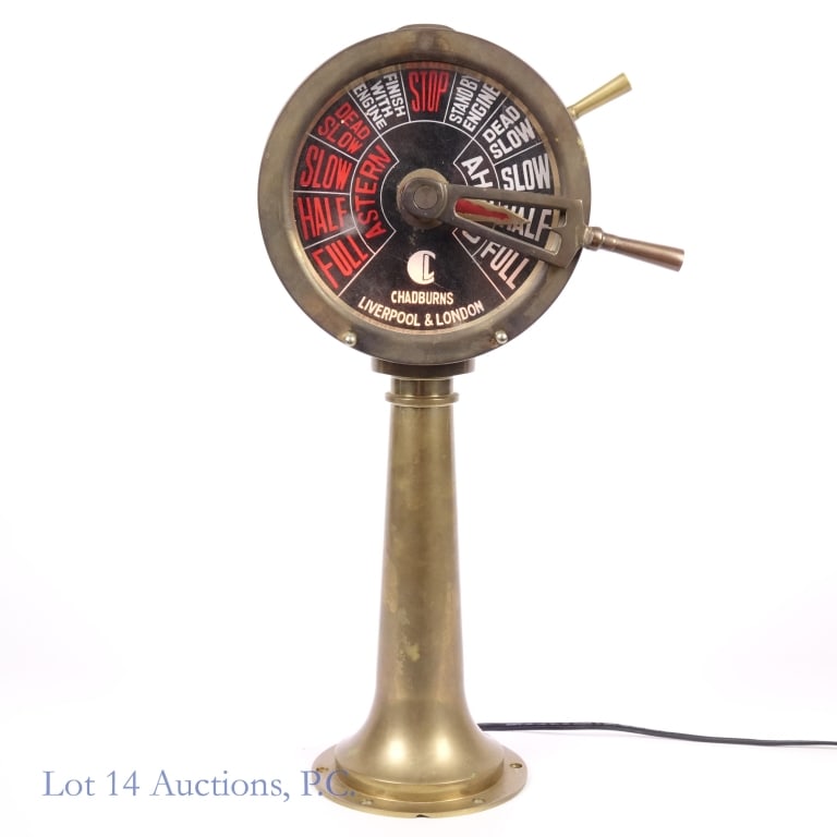Chadburns Liverpool & London Ship Telegraph Lamp: Chadburns of Liverpool & London ship's engine room telegraph tabletop lamp. Solid brass construction. Light and chime work. Approximately 17.5" tall, 19.25" with handles in the upwards position. Dial