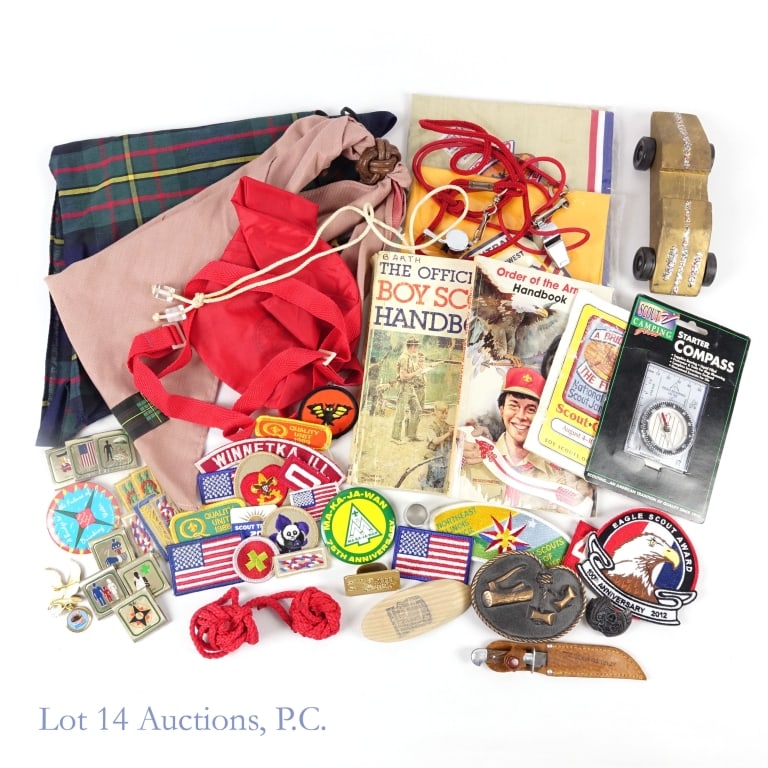 1970s Boy Scout Collection, 1993 Jamboree: 1970s / 1980s Boy Scouts of America collection and items from 1993 Jamboree. Includes The Official Boy Scout Handbook (1979), Order of the Arrow handbook, many patches, whistle, soap box derby car,