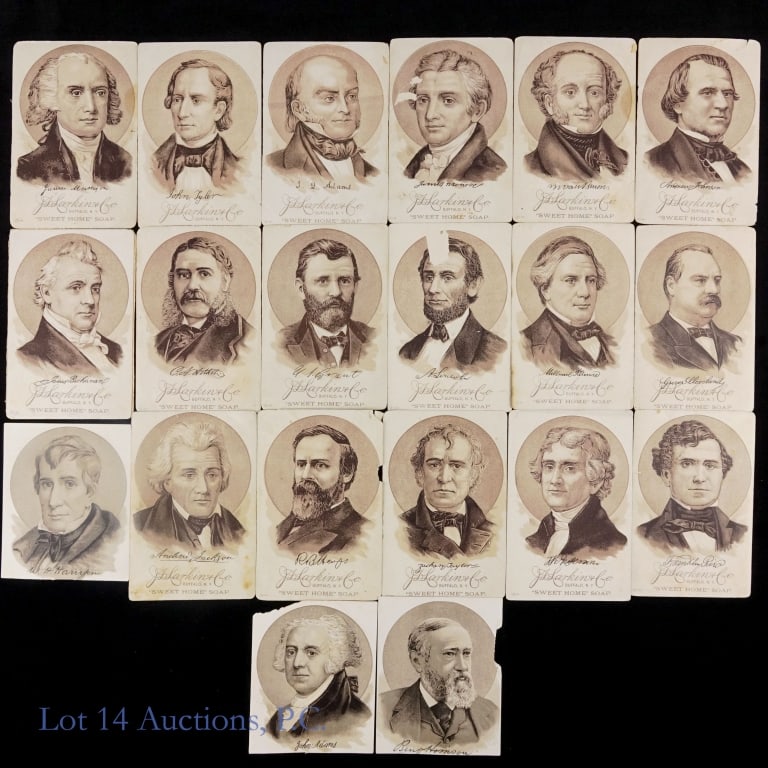 Large Collection 1880s Presidents Trading Cards: 21 trading cards from Sweet Home Family Soap's line of promotional cards featuring US Presidents. The line had 23 cards and there are 21 present. Cards are in varying condition, some seem to be very