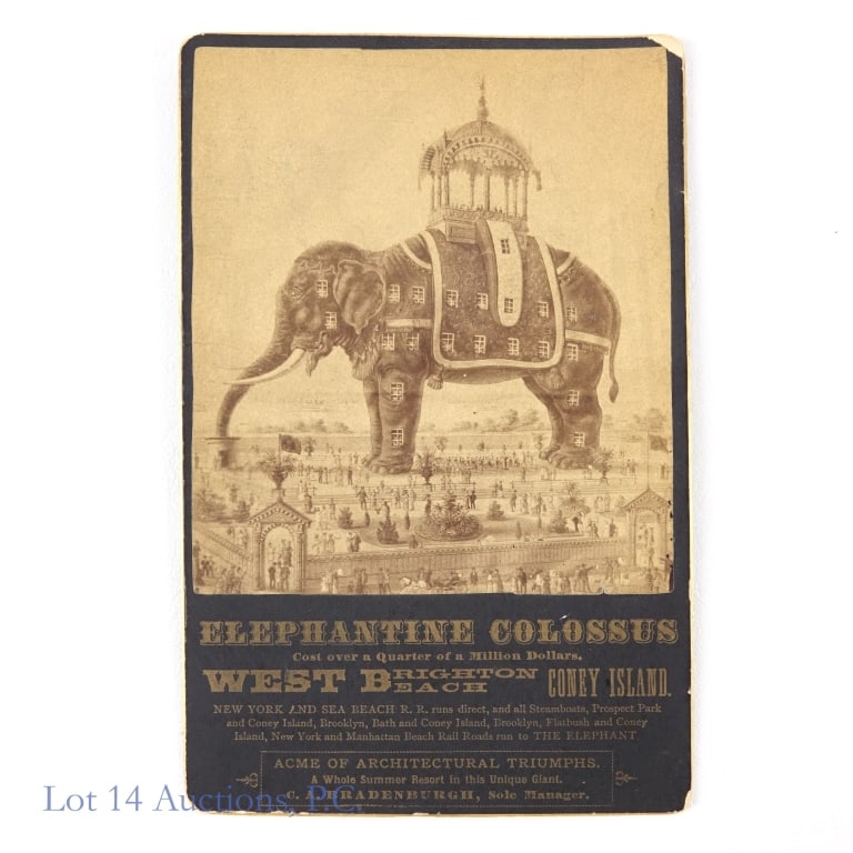 1880s NY Elephantine Colossus Cabinet Card: Antique cabinet card advertising the Elephantine Colossus at West Brighton Beach, Coney Island, NY. Card measures approximately 4.25 x 6.5", Good condition for its age, text is all perfectly readable.
