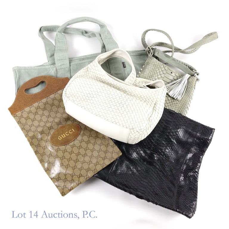 Gucci, Ling Wu, Markell, R. Zur, Cozy Earth Bags 5: 5 bags and purses. Gucci glossy tote or lunch bag, 17 x 9.25", with orange stain top right of one side. Ling Wu black snakeskin bag, 12.5 x 14", magnetic closure, with dust bag. Robert Zur leather bag