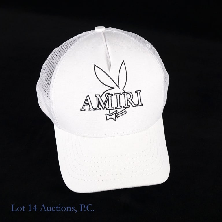 Amiri X Playboy White Snapback Trucker Hat: Amiri X Playboy white snapback trucker hat.