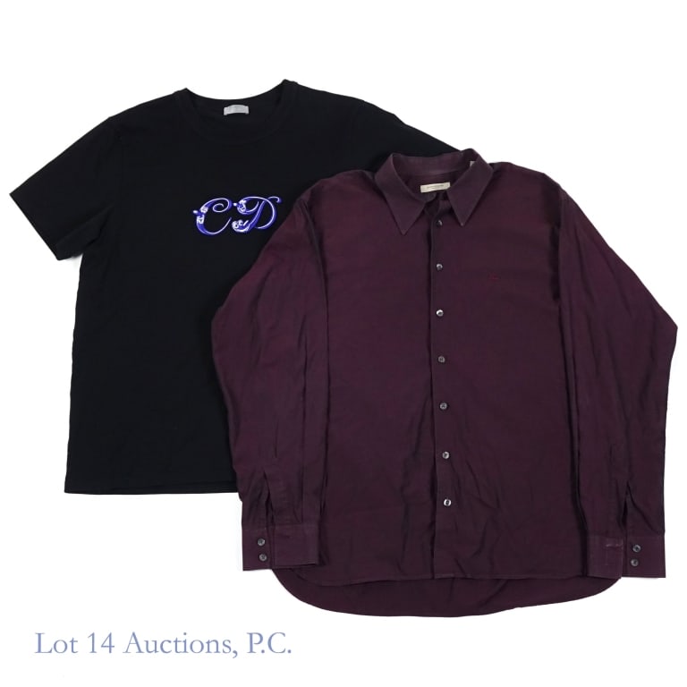 Dior X Kenny Scharf T-shirt & Burberry Dress Shirt: Dior & Kenny Scharf black cotton t-shirt. Embroidered CD logo in blue and white. Size XXXL *** Burberry burgundy long sleeve cotton dress shirt. Embroidered logo. Size XL.