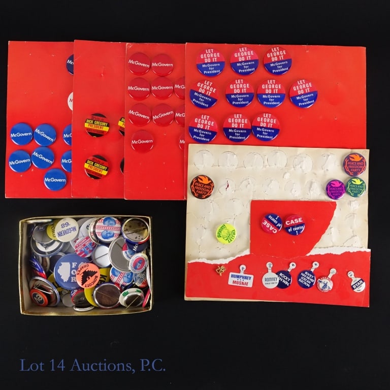 US Various Political Campaign Items (100+): Over +100 various United States political campaign items including Eisenhower, Nixon, Humphrey, and much much more. *** Lot 14 Auctions is not a professional political items grading agency. Consigner 