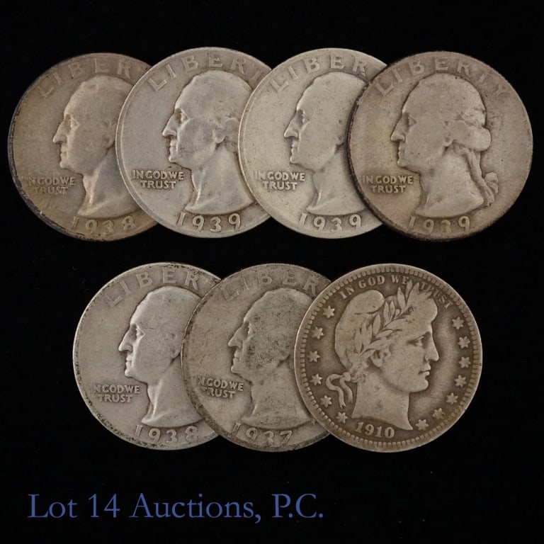 US Barber & Washington 90%-Silver 25s (7): Seven (7) United States 90%-silver quarters. Per consigner, higher grades as follows: ---Barber 25c: --1910 vg+ full rims (1); and ---Washington 25c: --1937-d VG full rims, --1938-s VF, -----1938-s vg