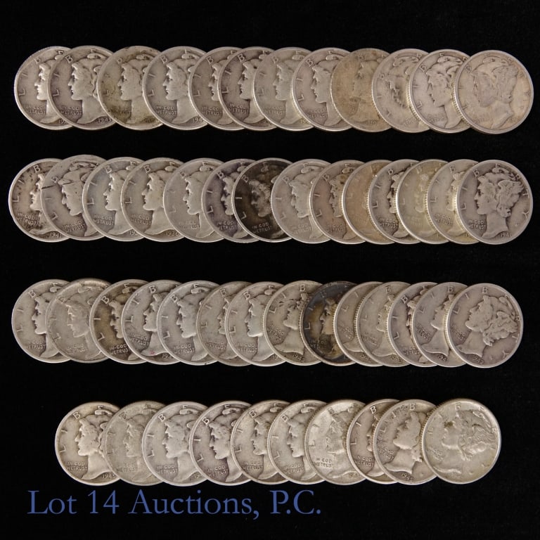 US 90%-Silver Mercury Dimes (50): Fifty (50) United States silver mercury dimes in plastic coin holder roll. Metal is 90% silver. Lot estimated actual silver weight is 3.6 troy ounces. *** Lot 14 Auctions is not a professional