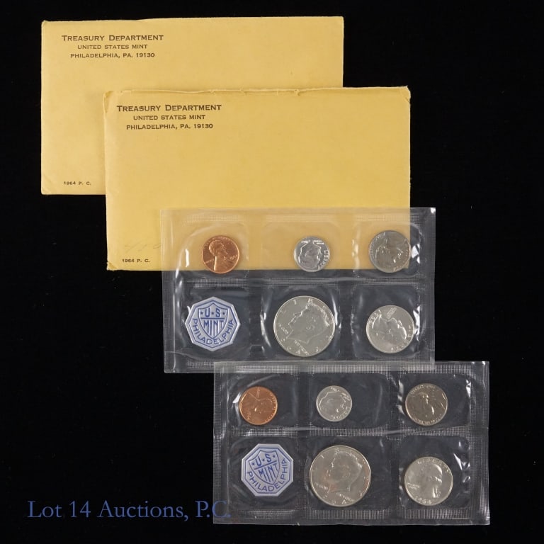 1964 (P) US Silver Proof Sets IN SEALED OGP, 2: Two (2) 1964 United States silver 5-coin proof set (Philadelphia Mint) IN SEALED OGP. Per consigner, been in vault for the past 61 years. Half dollar, quarter and dime metal is 90% silver. (Lot ASW