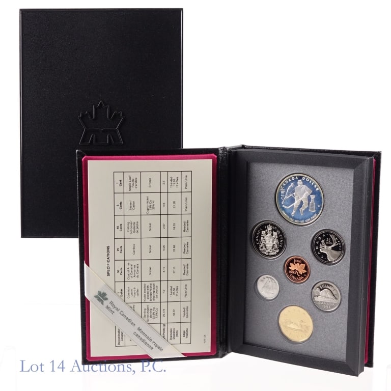 1993 Canada 7-Coin Proof Set Silv Stanley Cup $1: 1993 Canada 7-coin proof specimen set (Royal Canadian Mint) in OGP with COA. Includes 92.5% silver 100th anniversary of Stanley cup commemorative dollar. (ASW 0.749 ozt.) Set mintage:143,065. *** Lot 