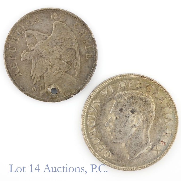 1905 & 1951 Canada & Chile Silver 50 Cent (2): Two (2) Chile and Canada silver 50 cent coins as follows: ---1905 Chile 70% silver 50 centavos (w/ pendent whole) weighs 9.81 grams (est. ASW .2251 ozt); and ---1951 Canada 80% silver 50 cent weighs 1
