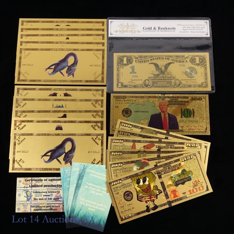24K Gold Fantasy Replica Notes (18): Eighteen (18) United States replica 24K gold fantasy and bank notes as follows: ---Donald Trump Gulf of American $100 fantasy 24K gold note (1 note); ---various SpongeBob Square Pants and other charac