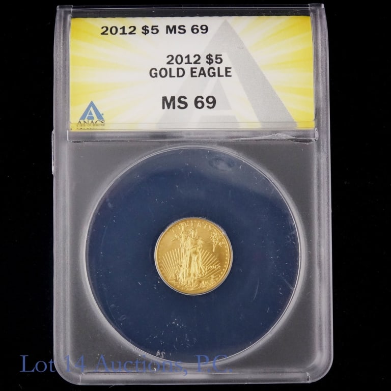2012 (P) US $5 Gold Eagle Bullion (ANACS MS 69): 2012 (P) United States 91.67% $5 gold eagle 1/10 oz. Designer (obverse) Augustus Saint-Gaudens and (reverse) Miley Busiek and Jennie Norris. ANACS graded MS 69. Metal is 91.67% gold and weighs 3.393