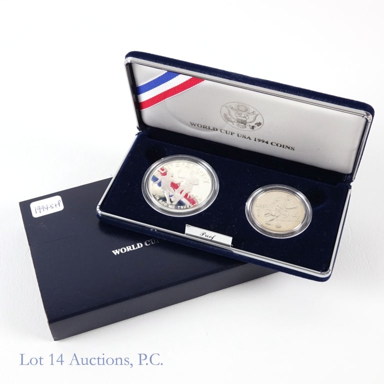 1994 US Silver Pr World Cup Soccer 2-Coin Set OGP: 1994 United States silver proof USA World Cup 2-coin set (Philadelphia, San Francisco Mints) in OGP with COA. Per consigner, in gem proof condition. Dollar is 90% silver (ASW 0.7734 ozt.). Details as