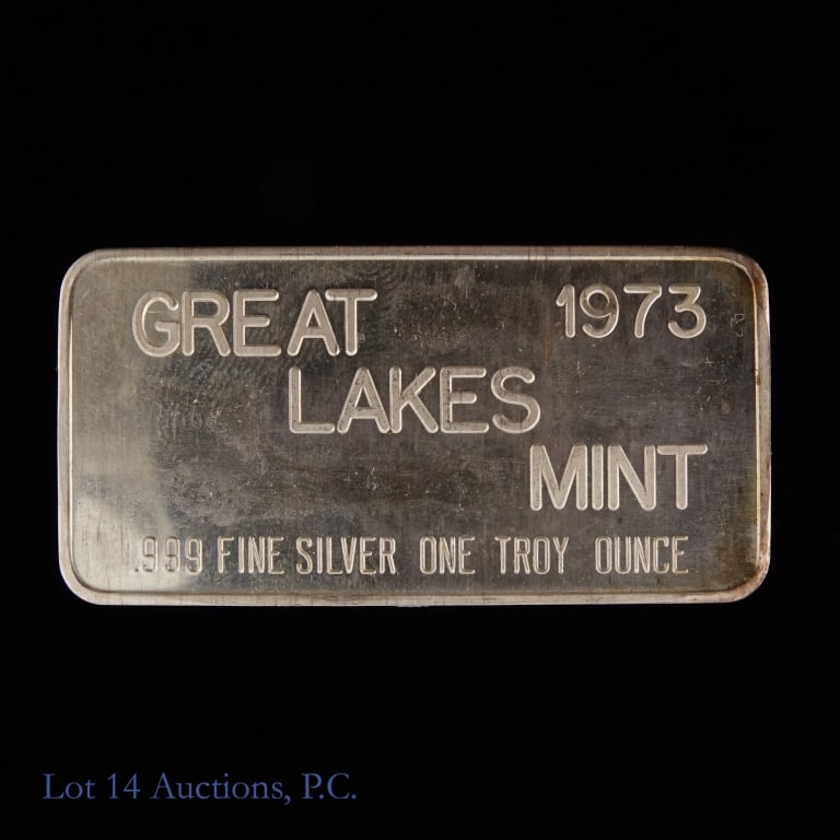 1973 Great Lakes Mint 99% Silver 1 Ozt Ingot: 1973 Great Lakes Mint 99.9% silver one troy ounce ingot. Silver content confirmed on Lot 14 Auctions electronic metal verifier. *** Lot 14 Auctions is not a professional numismatic grading agency. Con