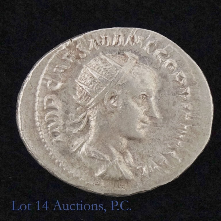 (238 CE) Roman Emp Gordian III Silver Anton (XF): (238-244 AD) Roman silver antoninianus (Rome Mint) in Distinctive Coins of Downers Grove Ill holder. *Per consigner, has detail in XF condition. Obverse: Emperor Gordian III bust radiate draped cuiras