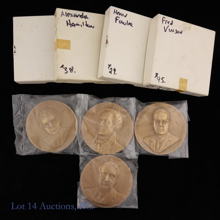 Four 3" Bronze Medals, Treasury, Kenneth Taylor: Four (4) bronze medals - each is 3" diameter and approximately 8 ounces, with boxes and still sealed in original plastic packaging. 1 - Alexander Hamilton, Secretary of the Treasury, 1789 - 1795. 2 - 