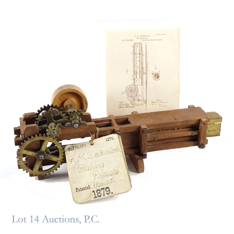 Peter K. Dederick Patent Model Cotton Baling Press: Patent model cotton baling press by Peter Kells Dederick. Has what appears to be original hand written patent tag (patent No. 214282) with patent date of April 15 1879, and the handwritten patent