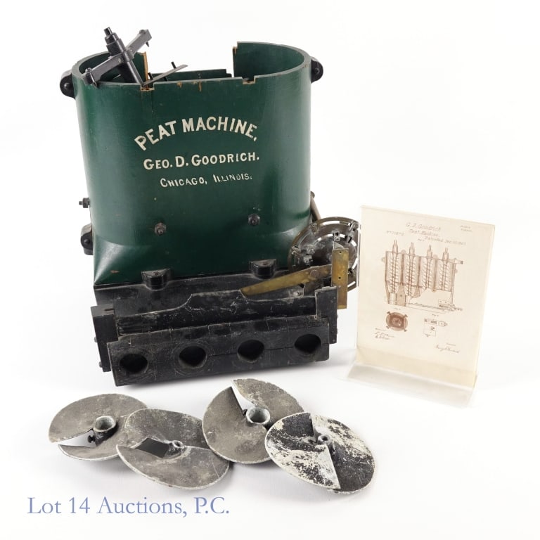G.D. Goodrich Patent Model Peat Machine, 1867: Patent model Peat Machine by G.D. Goodrich. Has what appears to be original hand written patent tag (patent No. 71870) with patent date of December 10 1867, and the handwritten patent application tag