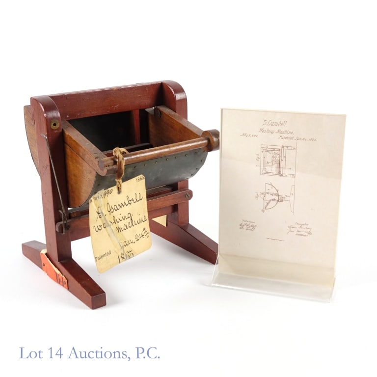 Squire Gambell Patent Model Washing Machine, 1865: Patent model for a washing machine by Squire Gambell. Has what appears to be original hand written patent tag (patent No. 45990) with patent date of January 24 1865 (tag has been torn and taped back t