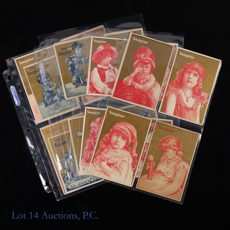 1880s Soapine Chromolithograph Trade Cards: 35 Soapine trade cards dating from about the 1880s. Each has a red or blue image of a person, usually a child, over a shiny gold background. Cards are in good condition for their age, any damage is mi