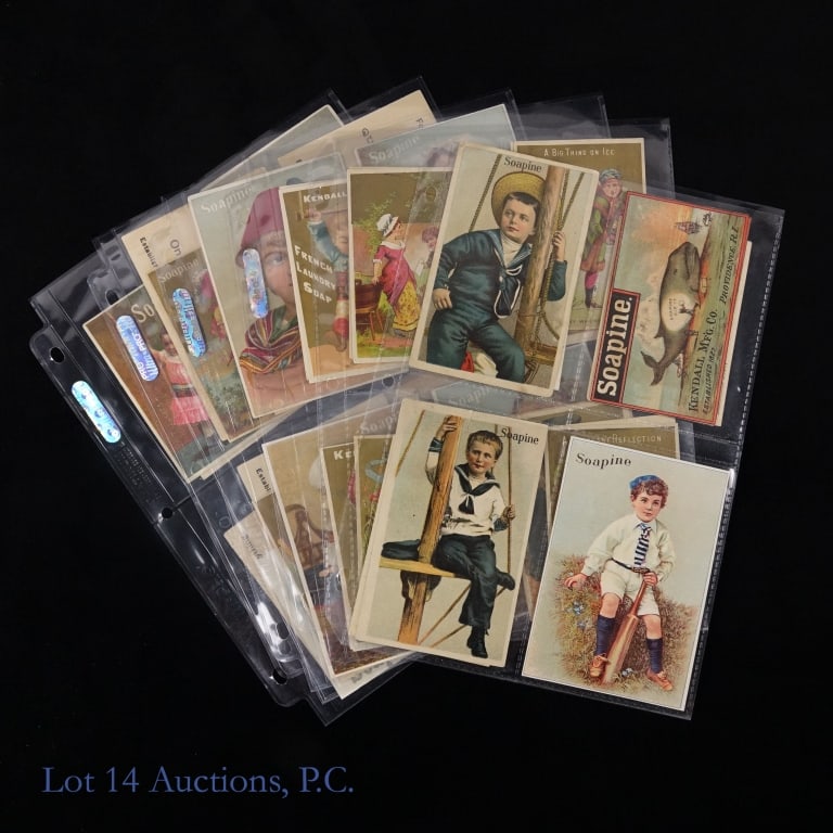 1800s Soapine Chromolithograph Trading Cards: 53 Soapine trading cards dating from about the late 1800s. Most of the art tends to feature women, children, and animals. Cards are in good condition for their age, any damage is minimal and colors ar