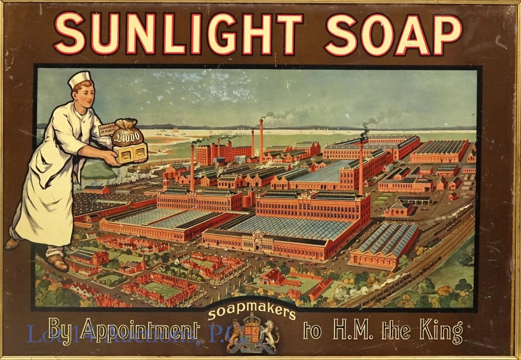 Sunlight Soap By Appointment Wooden Advertisement: LOCAL PICKUP OR THIRD PARTY SHIPPING ONLY. Large wooden sign advertising Sunlight Soap with the slogan , "Soapmakers By Appointment to H.M. the King". Shows an aerial view of their factory alongside a