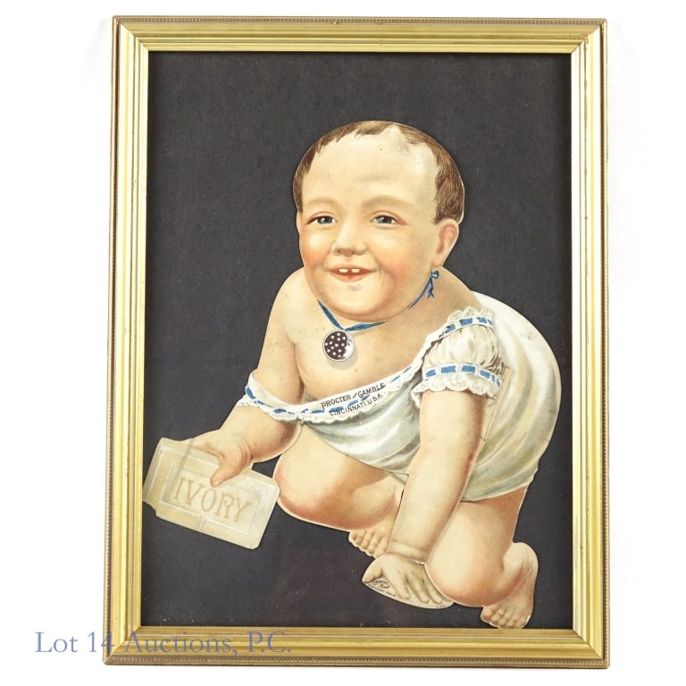 1886 Ivory Soap "Creeping Baby" Advertisement: Framed 1886 cardboard cutout of Ivory Soap's iconic baby mascot holding a bar of soap. Good condition for its age other than some bends and tears. Colors are vibrant. Frame measures approximately 17.7