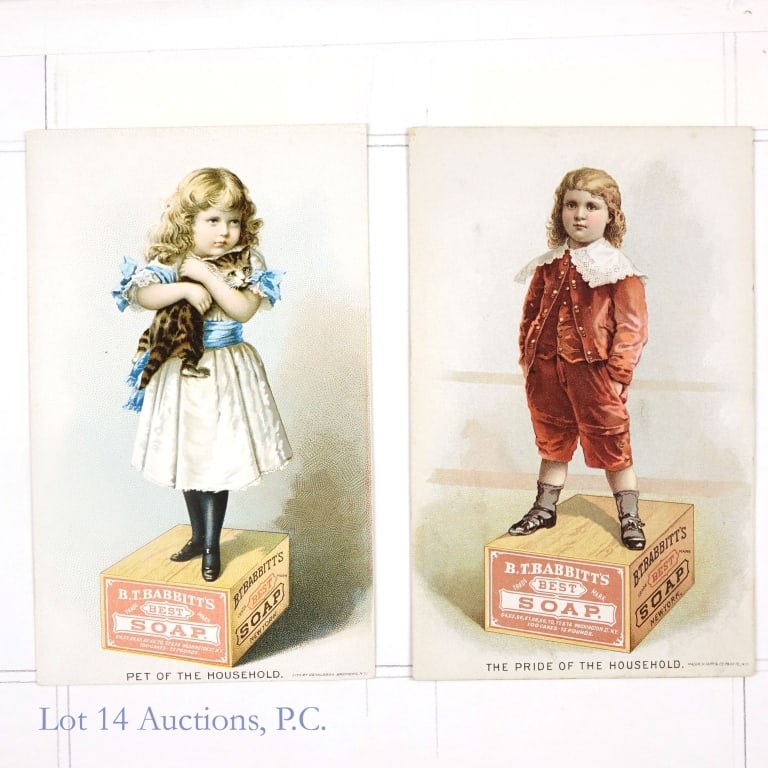 BT Babbit's Best Soap Trading Cards: Two trading cards each depicting a child standing on a wooden soap box. One is titled "Pet of the Household" with a poem titled "What Wins" on the back, and the other is titled "The Pride of the House