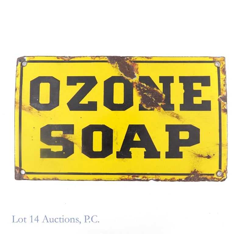 Ozone Soap Porcelain SSP Sign: SSP - Single Sided Porcelain - Small porcelain sign advertising Ozone Soap in bold black text against a yellow background. Some loss, especially above and over the "N" in "Ozone", as well as the corne