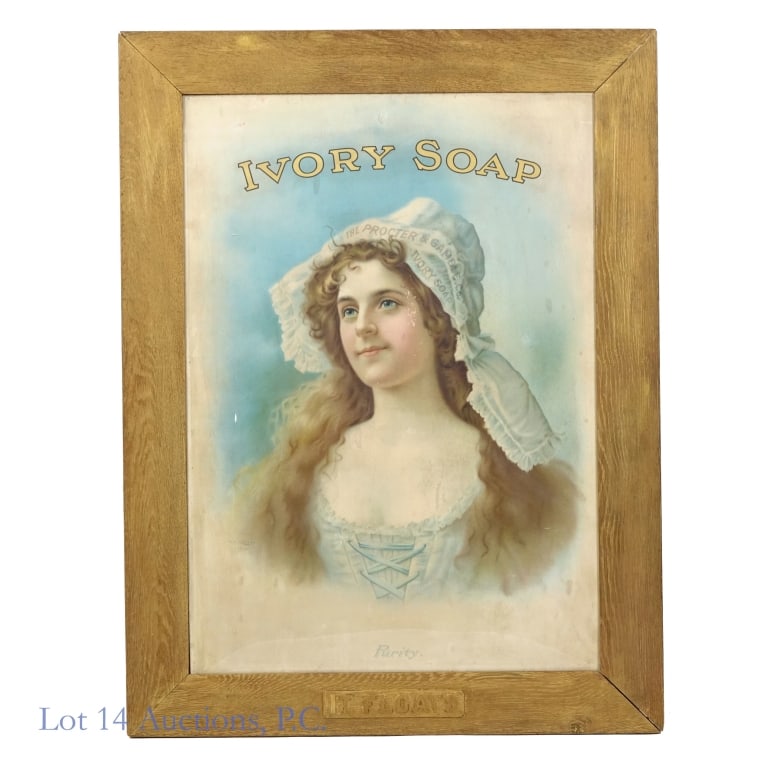 1904 Ivory Soap "Purity" Advertisement by McEntee: LOCAL PICKUP OR THIRD PARTY SHIPPING ONLY. Advertisement for Ivory Soap from 1904 titled "Purity", originally designed by W.H. McEntee. Original wooden frame with "It Floats" carving included. All in 
