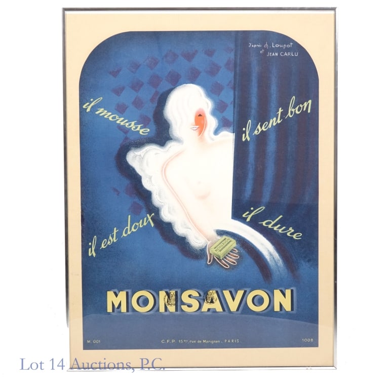 1940s Monsavon French Soap Advertisement: LOCAL PICKUP OR THIRD PARTY SHIPPING ONLY. Framed print from the 1940s advertising Monsavon, a French soap company, designed by artists Charles Loupot & Jean Carlu. Frame in fair condition, one long l