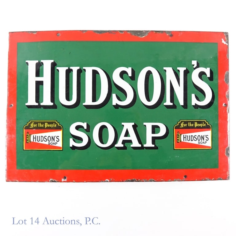 Hudson's Soap Vintage Enamel Sign, SSP: Single Sided Porcelain Sign (SSP) - Original vintage enamel on tin sign advertising Hudson's Soap. Some chips and loss around the edges, but mostly good condition for its age. See photos for details.
