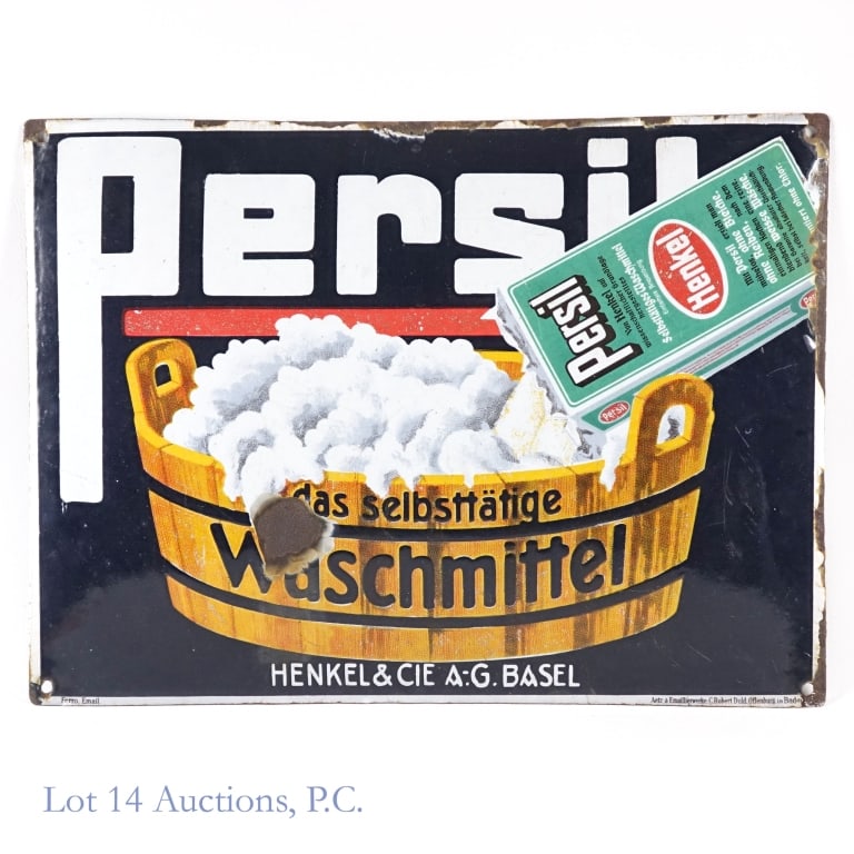1920s German Persil Self Acting Laundry Soap Sign: Rare enamel on tin sign circa the 1920s, advertising Persil Self Acting Laundry Soap in German featuring an image of a Swiss tub. Mostly good condition for its age, some chips and loss around the