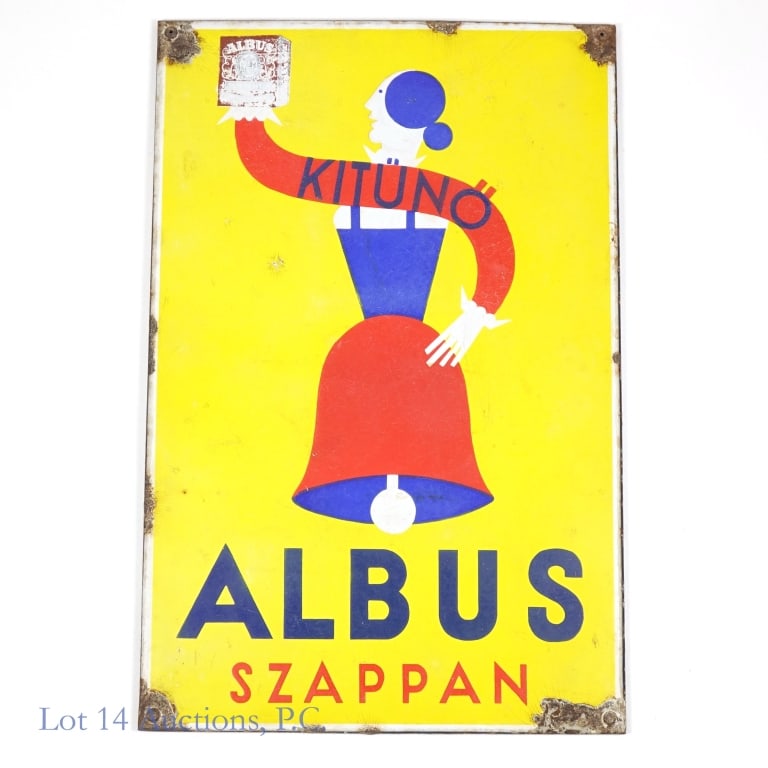 1930s Hungarian Albus Soap Tin Sign SST: LOCAL PICKUP OR THIRD PARTY SHIPPING ONLY. SST - Single sided tin sign made in Hungary in approximately the 1930s advertising "Albus Szappan" or "Albus Soap". Some loss around the edges and corners,