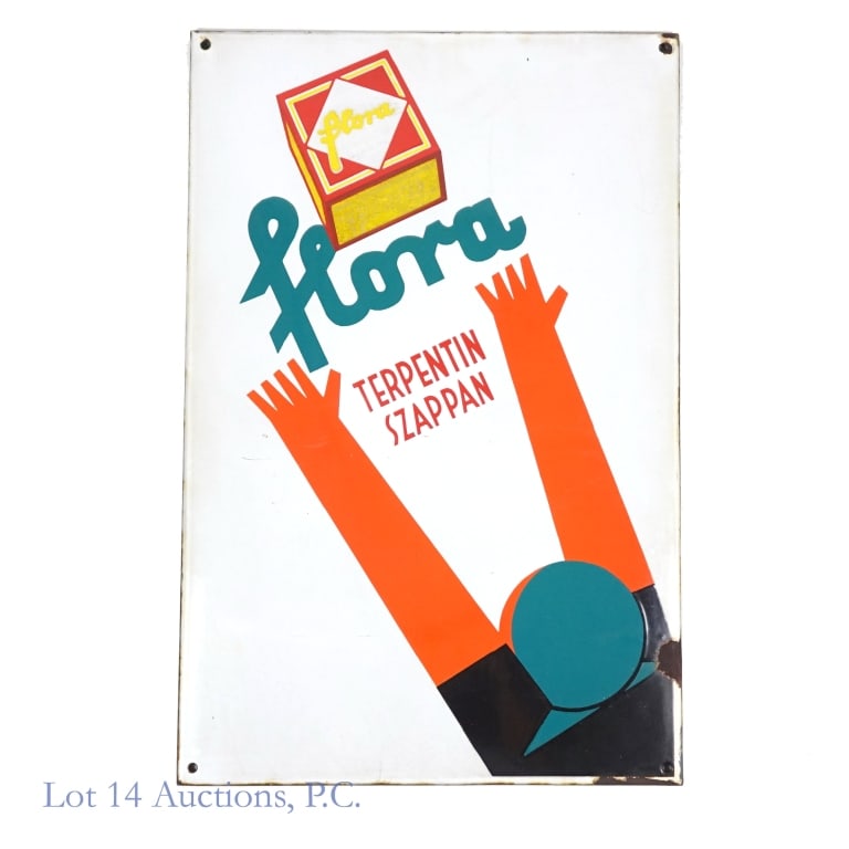 1930s Hungarian Flora Turpentine Soap Sign - SST: LOCAL PICKUP OR THIRD PARTY SHIPPING ONLY. SST - Single sided tin sign made in Hungary in approximately the 1930s advertising Flora Turpentin Szappan (Turpentine Soap). Some loss around the edges and
