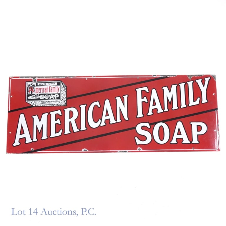 Kirk & Co American Family Soap SSP Porcelain Sign: LOCAL PICKUP OR THIRD PARTY SHIPPING ONLY. Single Sided Porcelain Sign (SSP) - Vintage Porcelain Sign advertising James S Kirk & Company's American Family Soap. Some loss around the edges of the sign,