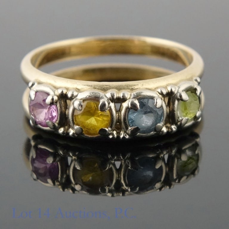 14k Y. Gold and Gem Ring, Size 7.5: 14 k yellow gold and 4 gem ring. Size 7.5. 4.6g t.w.. Gems test as chrysoberyl / spinel / topaz.